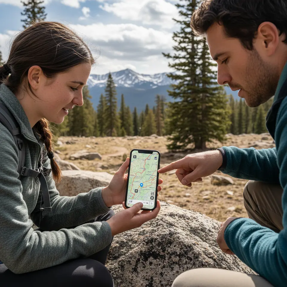 Detailed Offline Mapping: A smartphone screen displaying a pre-downloaded offline map of a remote hiking region, complete with topographic contour lines, marked trails, points of interest icons (ATMs, restrooms, pharmacies), and a live GPS location pin—no Wi-Fi signal indicator visible.