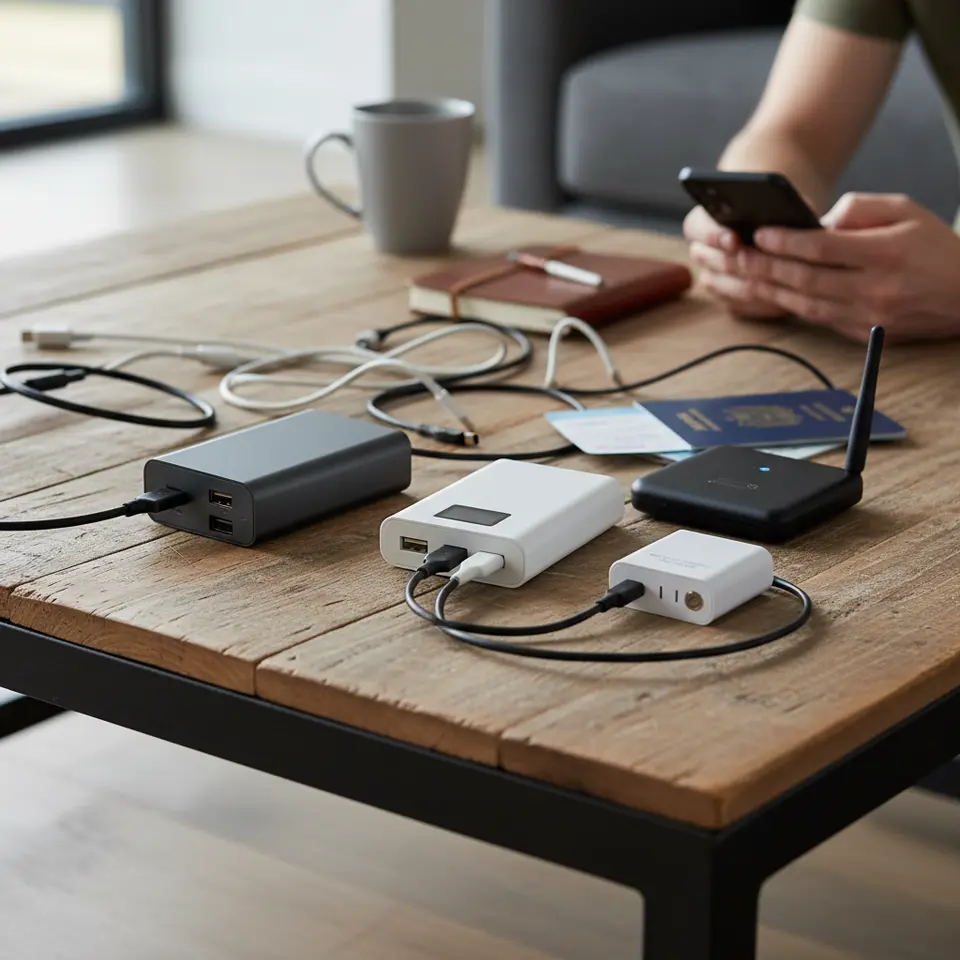 Power and Connectivity Tools Flat-Lay: A clean overhead shot of essential travel gadgets arranged on a neutral background—high-capacity portable chargers with multiple USB-A/USB-C ports, a compact international mobile hotspot device, a universal travel adapter with foldable prongs, connected charging cables, and a passport or boarding pass peeking from underneath.