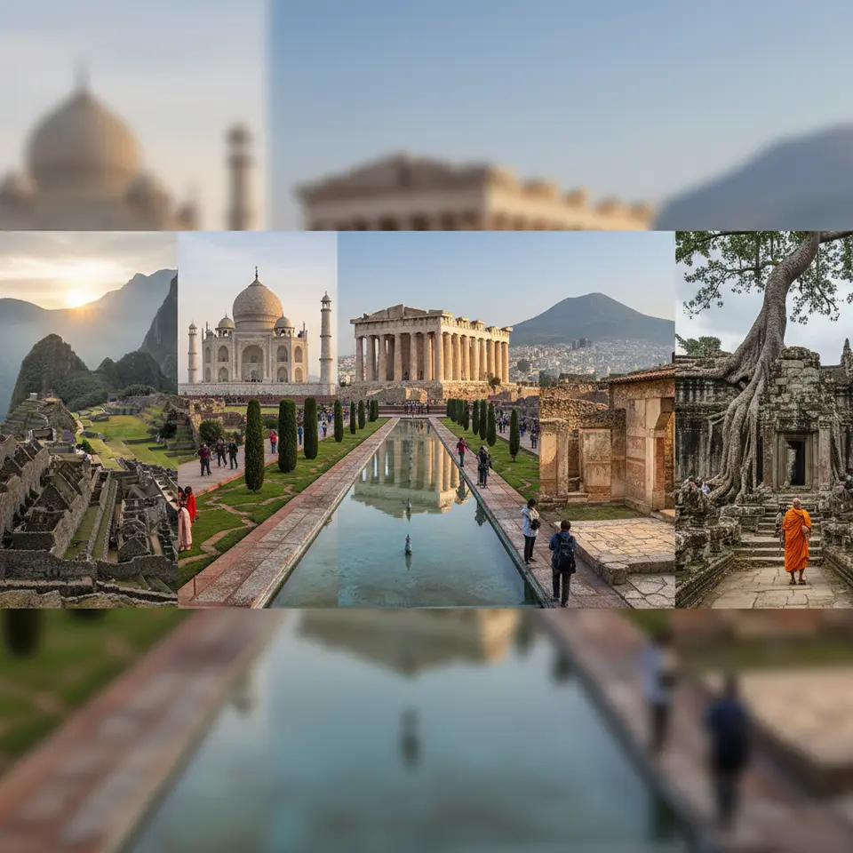 Composite illustration of UNESCO’s top cultural marvels: sunrise over Machu Picchu’s terraced stone citadel nestling in misty Andes peaks; the gleaming white marble Taj Mahal mirrored in its symmetrical garden reflecting pool at dawn; the Parthenon’s classical columns crowning the Acropolis hill above modern Athens; the excavated ruins of Pompeii with mosaic floors and frescoed walls framed by Mount Vesuvius; and jungle-engulfed Angkor Wat temple with intricate bas-relief carvings and massive tree roots weaving through ancient stone.