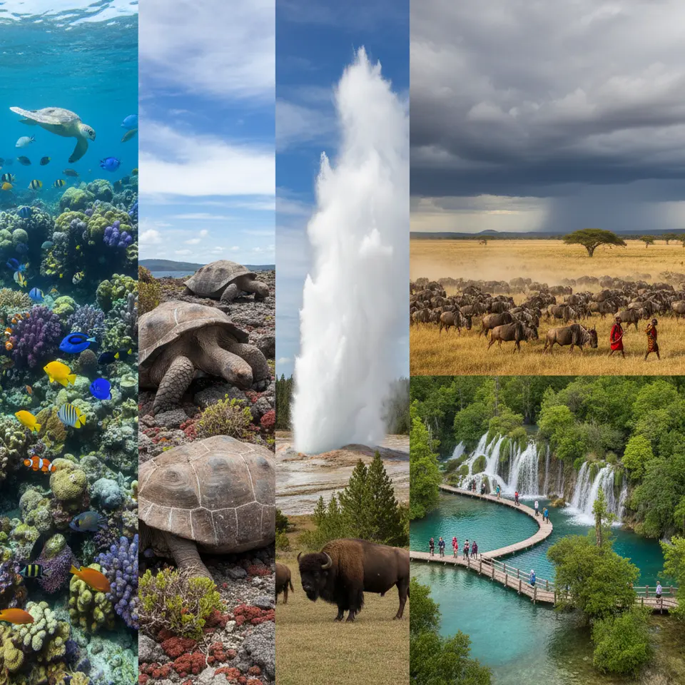 Panoramic montage of UNESCO’s outstanding natural wonders: underwater scene of the Great Barrier Reef teeming with colorful corals and tropical fish; giant Galápagos tortoises grazing on volcanic shorelines under a bright sky; Yellowstone’s iconic geyser erupting steam amid lush pine forests with bison in the foreground; a sweeping view of thousands of wildebeest migrating across the Serengeti’s golden savannah under dramatic clouds; and the cascading turquoise pools of Plitvice Lakes National Park connected by wooden walkways through verdant woodland.