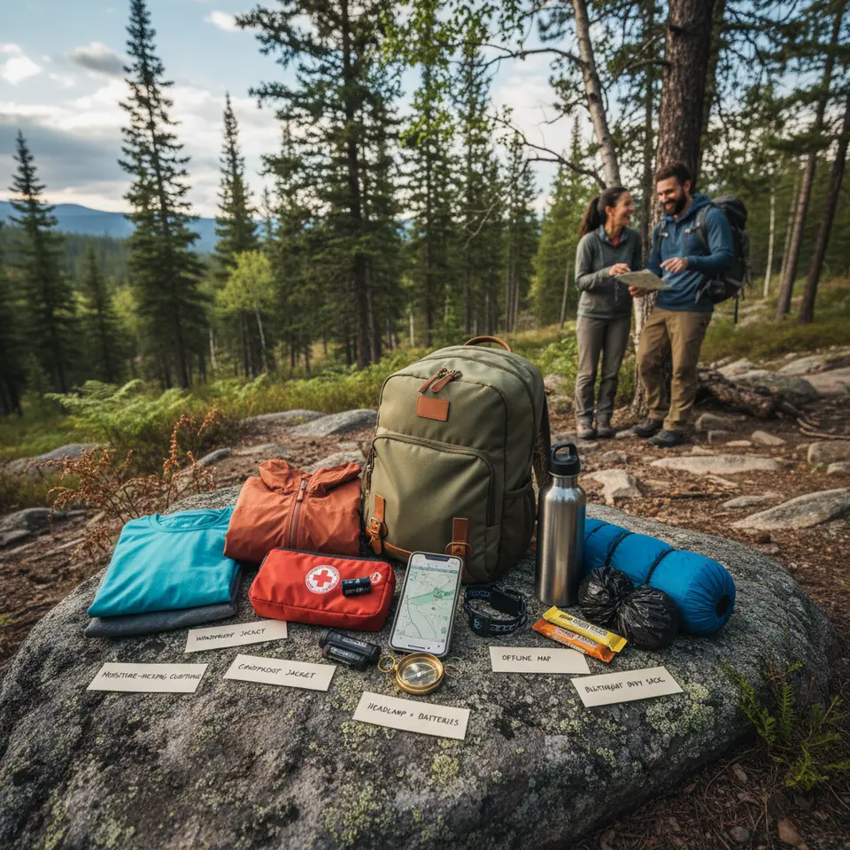 Essential Gear Layout: A lightweight daypack opened on a trail-side rock with all multifunctional items neatly arranged and labeled—moisture-wicking clothing, windproof jacket, compact first-aid kit, headlamp with extra batteries, smartphone with offline map, compass, reusable water bottle, energy bars, ultralight bivy sack, and biodegradable trash bags—ready to grab for a bite-sized expedition.