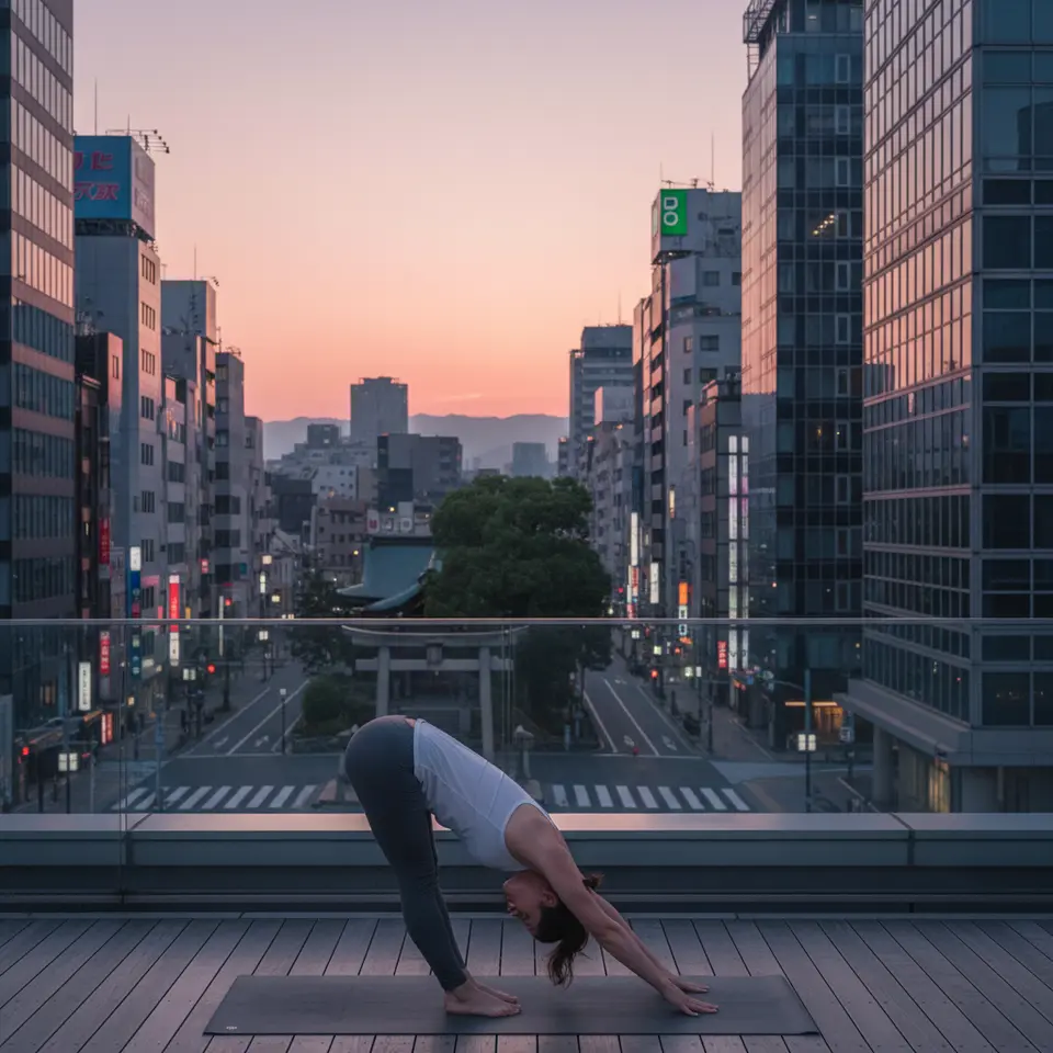 Urban Rooftop Yoga & Dawn City Stroll: A Tokyo skyline at first light, a lone yogi flowing through sun salutations on a rooftop deck, soft pink and orange sky reflecting off glass towers, neon city signs dimming in the distance, with deserted early-morning streets and hidden temple entrance glimpsed below.