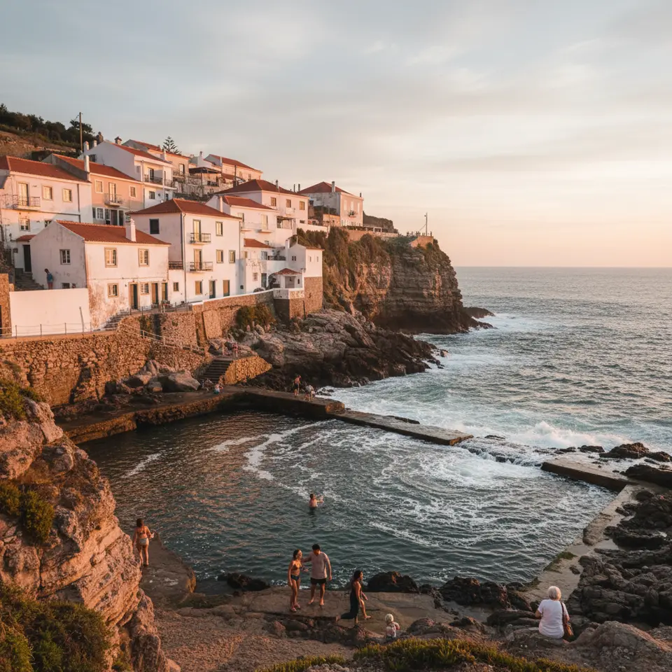 Azenhas do Mar, Portugal – A postcard-perfect cliffside village of whitewashed cottages cascading toward a natural seawater pool carved in volcanic rock. Picture pastel buildings perched on rugged limestone cliffs, Atlantic waves gently lapping the cliff-edge pool, and warm golden light bathing the scene during sunset.