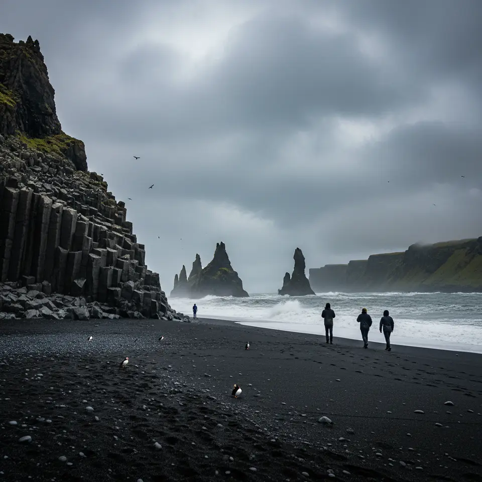 Vík í Mýrdal, Iceland – A striking black-sand beach framed by towering basalt columns and the Reynisdrangar sea stacks rising from foaming Atlantic surf. Envision coal-dark shore stretching beneath dramatic stormy skies, puffins darting between cliff ledges, and distant lava fields merging into mist-shrouded horizons.