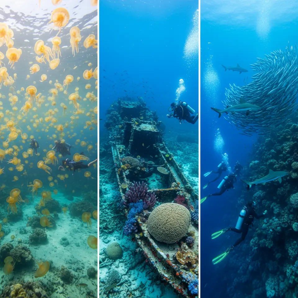 Palau’s Marine Maze – A sunlit Jellyfish Lake filled with millions of translucent golden jellyfish drifting in calm turquoise waters, contrasted with a nearby WWII shipwreck encrusted with technicolor corals and sponges, and a dramatic Blue Corner drift dive scene with reef sharks and schooling barracuda swirling around sheer drop-offs.