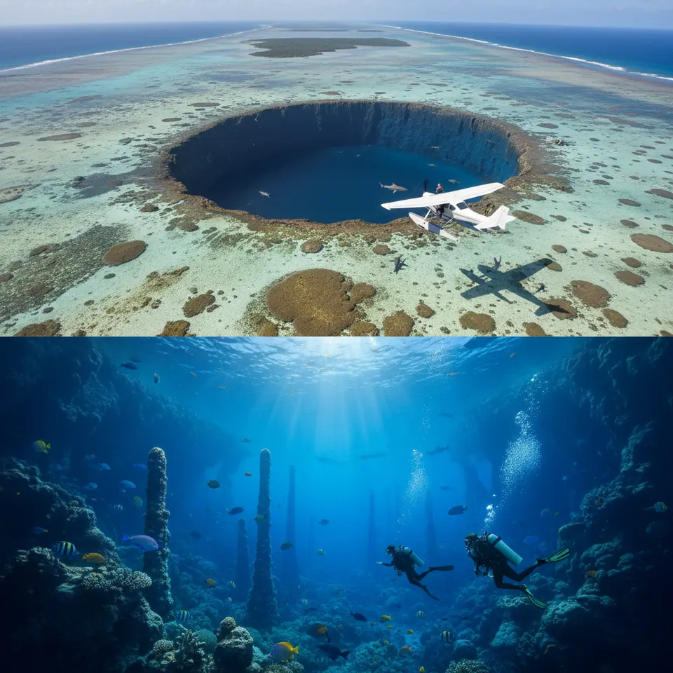 Belize Barrier Reef & Great Blue Hole – An aerial and underwater composite showing the massive circular Blue Hole with steep limestone walls plunging into deep blue, fossilized stalactites visible in its chambers, reef sharks patrolling the rim, and surrounding shallow reef flats dotted with brain and elkhorn corals teeming with angelfish and parrotfish.