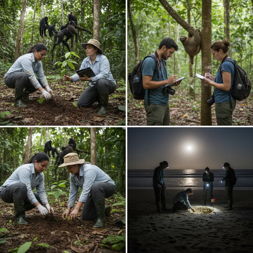 Conservation and Wildlife Protection: volunteers in a lush Central American rainforest carefully replanting native tree saplings, monitoring wildlife with data sheets, and conducting a sea turtle nesting patrol along a moonlit beach