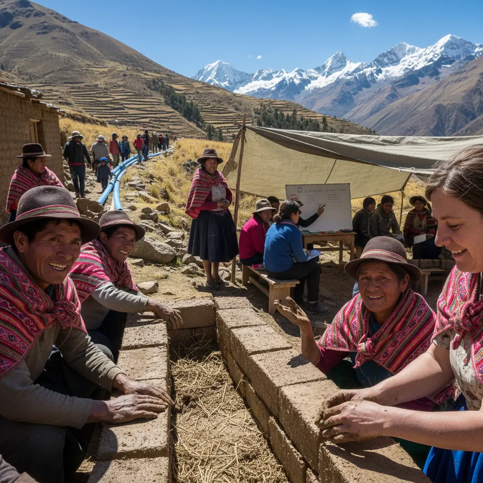 Community Development and Infrastructure: a group of volunteers and local villagers in the Peruvian Andes constructing eco-friendly clay-brick homes, installing gravity-fed water pipes, and leading a small business training session under a bright mountain sky