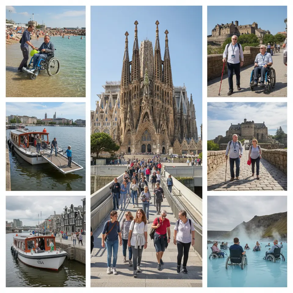 A vibrant collage illustrating “Leading Accessible Destinations in Europe”: wheelchair ramps at Barcelona’s Sagrada Familia, an aquatic wheelchair on Barceloneta Beach, an accessible canal cruise in Amsterdam with boarding ramps, ramped pathways and audio guides at Edinburgh Castle, and geothermal pool wheelchairs at Iceland’s Blue Lagoon.