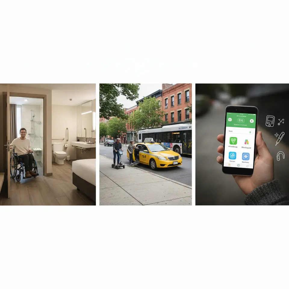 An infographic-style scene for “Choosing Accessible Accommodation, Transportation, and Technology Tools”: a modern accessible hotel room with roll-in shower, grab bars, widened doorways; a wheelchair-accessible taxi and low-floor bus; and a smartphone screen showing accessibility apps like Wheelmap and BlindSquare alongside icons for portable medical devices.