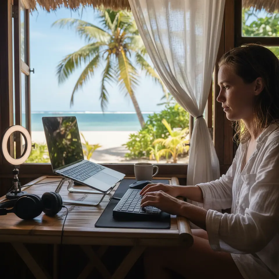 Portable ergonomic workation setup: a lightweight foldable desk in a beachside bungalow or mountain cabin, featuring a sleek laptop on a compact foldable stand, an external travel keyboard and mouse, a small desk lamp or ring light, noise-canceling headphones resting beside a coffee mug, with lush tropical or alpine scenery visible through an open window in the background.