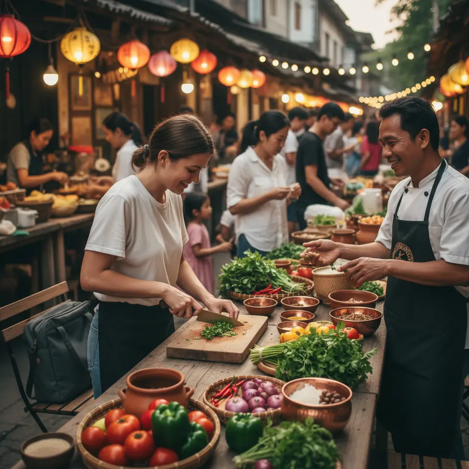 Local culinary exploration during a workation: a digital nomad participating in a vibrant outdoor cooking class at a street food market, chopping fresh herbs and spices on a rustic wooden table, colorful produce and traditional cookware spread out, with smiling local chefs and lantern-lit market stalls conveying cultural immersion.