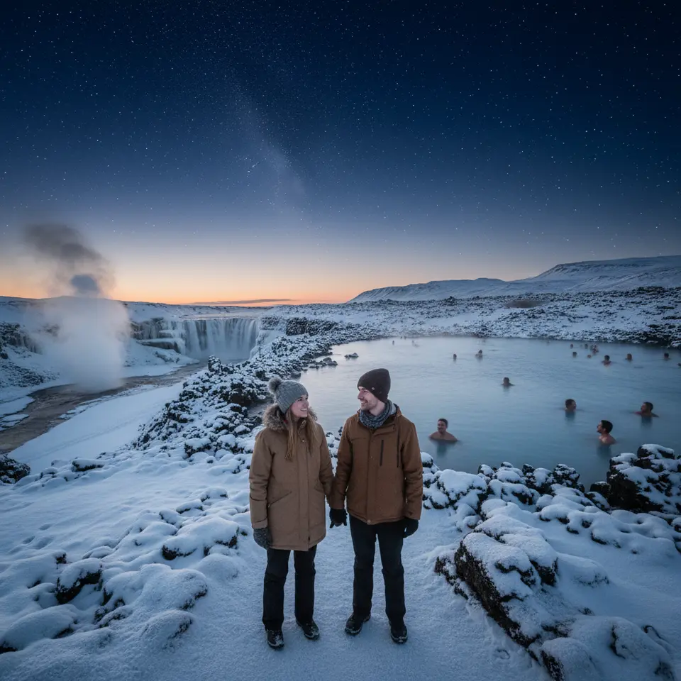 Golden Circle & Blue Lagoon in winter: a steam-rising geyser field at twilight, a partially frozen Gullfoss waterfall dusted with snow, and the milky-blue geothermal waters of the Blue Lagoon glowing against a dark, starry sky and rugged lava rocks.