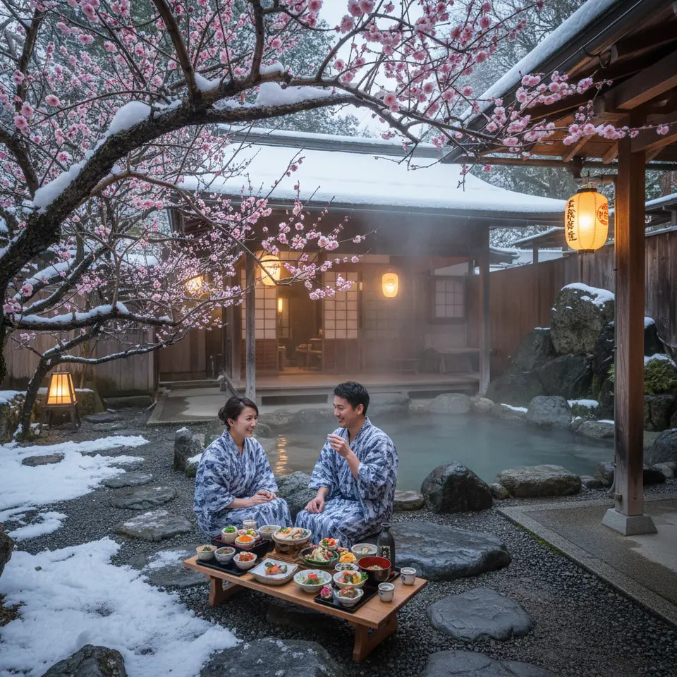 Kyoto’s Plum Blossom Festival & Onsen Retreat: delicate pink plum blossoms blooming on snow-covered branches in a temple garden lit by soft paper lanterns, alongside a rustic wooden ryokan’s outdoor onsen pool steaming gently in the cold air, with traditional kaiseki dishes and sake set beside it.